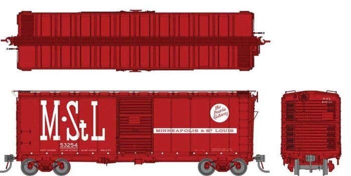 1937 AAR 40′ Boxcar w/Round Corner 6-Pack - Ready to Run -- Minneapolis & St Louis Set 1 (red, white, Peoria Gateway Logo), HO