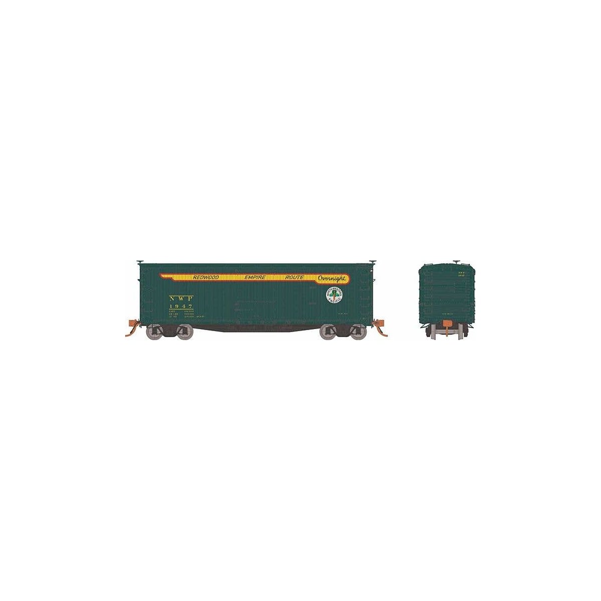 USRA 40′ Double-Sheathed Wood Boxcar 6-Pack - Ready to Run -- Northwestern Pacific Set 2 (Overnight Scheme, green, yellow, red