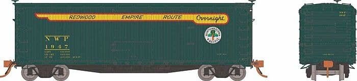 USRA 40′ Double-Sheathed Wood Boxcar 6-Pack - Ready to Run -- Northwestern Pacific Set 2 (Overnight Scheme, green, yellow, red