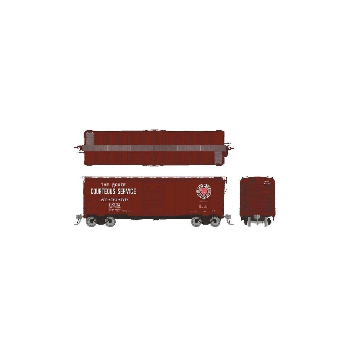 1937 AAR 40′ Boxcar w/Round Corner 6-Pack - Ready to Run -- Seaboard Air Line Set 1 (Boxcar Red, red, white, Heart Logo), HO, 