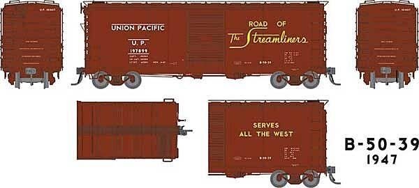UP Class B-50-39 40′ Boxcar 6-Pack - Ready to Run -- Union Pacific Set 2 (1947 As-Delivered, Boxcar Red, Streamliners Slogan),
