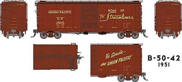 UP Class B-50-42 40′ Boxcar 6-Pack - Ready to Run -- Union Pacific Set 2 (1951 As-Delivered, Boxcar Red, Streamliners Slogan),