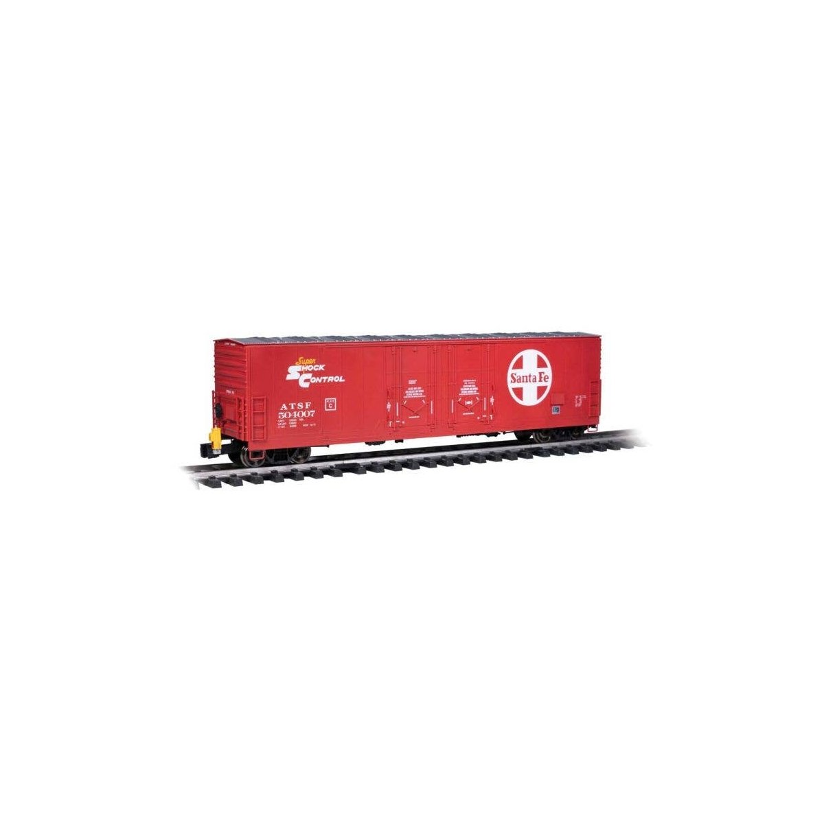 Evans 53′ Double-Door Boxcar with End-of-Train Device - Ready to Run -- Atchison, Topeka & Santa Fe 504007 (red, white Large L