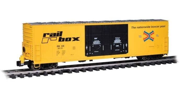 Evans 53′ Double-Door Boxcar with End-of-Train Device - Ready to Run -- Railbox 32113 (yellow, black, red, blue), G, Bachmann 