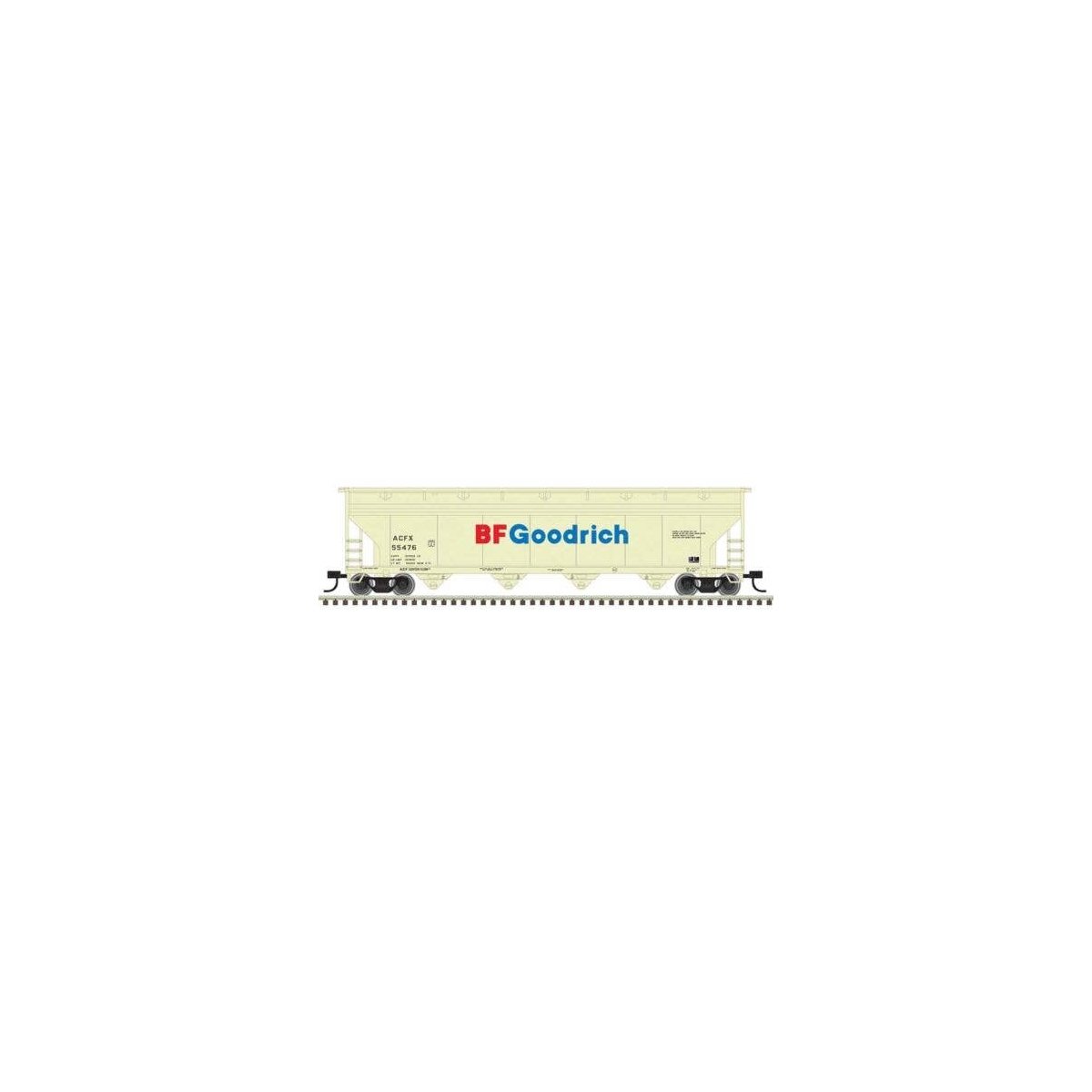 ACF 5250 4-Bay Centerflow Hopper - Ready to Run -- BF Goodrich ACFX 55517 (pale yellow, blue, red), N, Trainman 50007107
