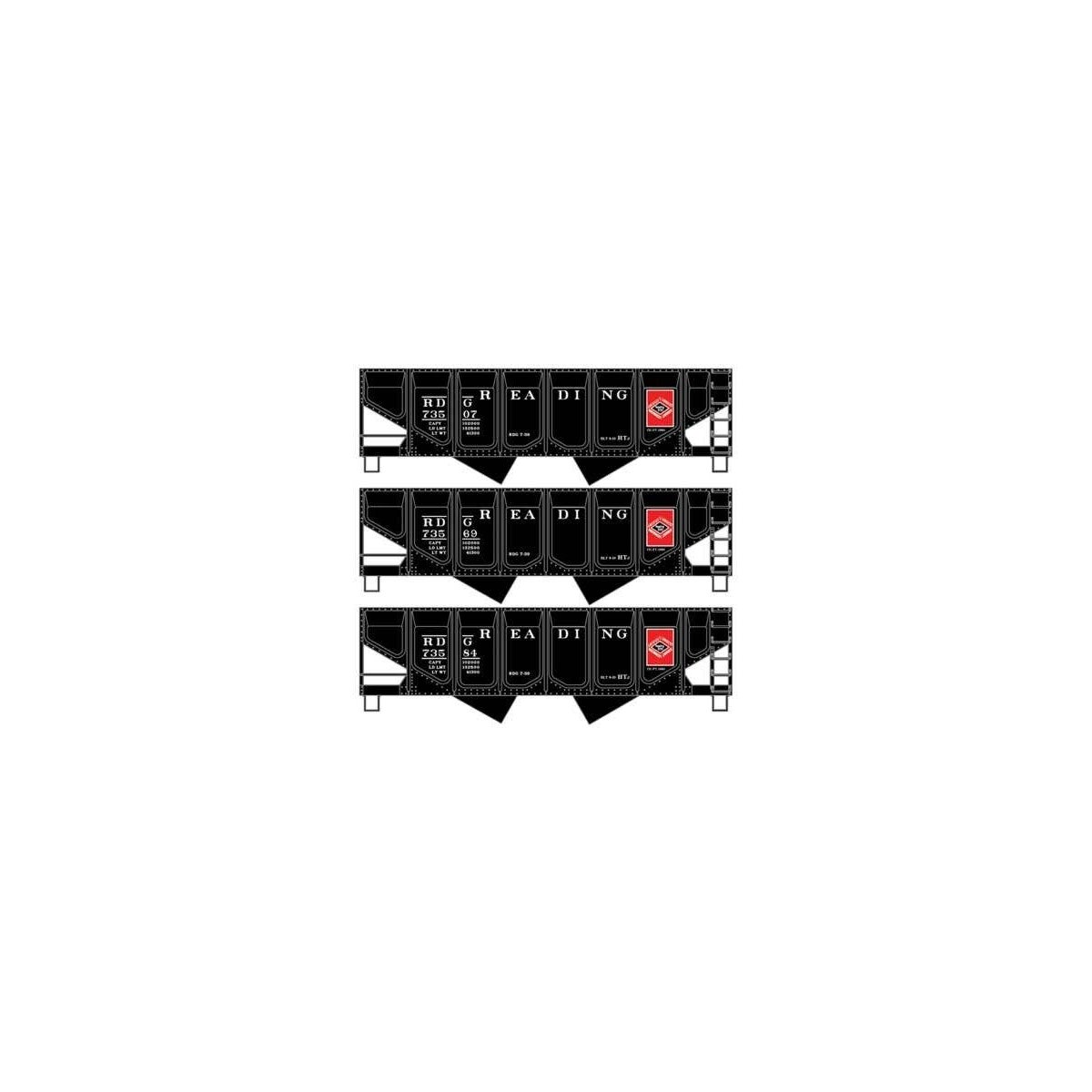 55-Ton Panel-Side 2-Bay Hopper 3-Pack - Kit -- Reading 73507, 73569, 73584 (black, red, Anthracite D, HO, Accurail Inc 2881