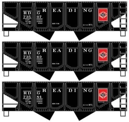 55-Ton Panel-Side 2-Bay Hopper 3-Pack - Kit -- Reading 73507, 73569, 73584 (black, red, Anthracite D, HO, Accurail Inc 2881