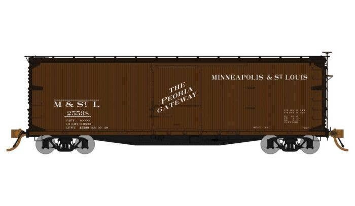 USRA 40′ Double-Sheathed Wood Boxcar 4 Pack - Ready to Run -- Minneapolis & St Louis (Boxcar Red, black, Peoria Gateway Slogan