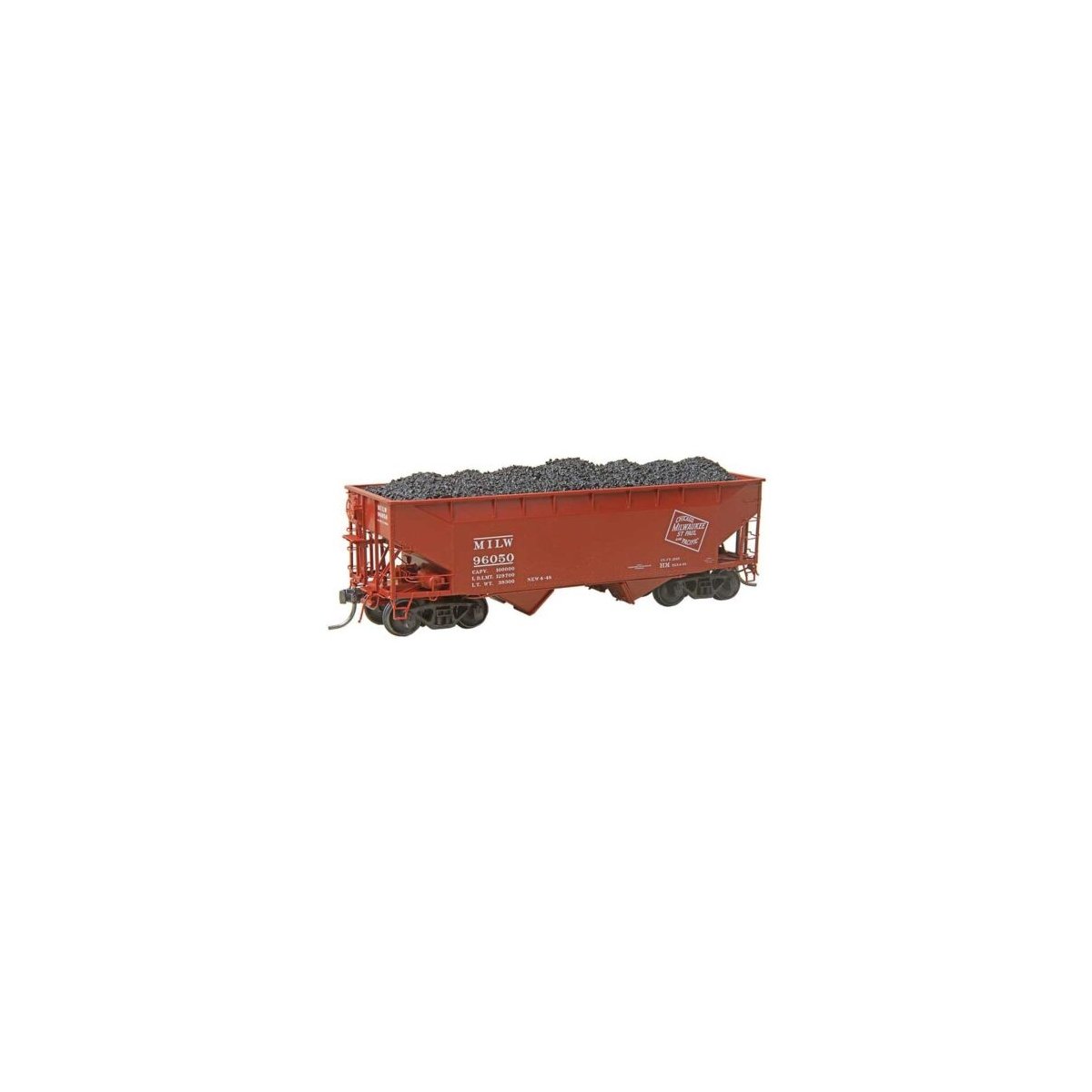 50-Ton AAR Standard Offset 2-Bay Open Hopper with Coal Load - Ready to Run -- Milwaukee Ro, HO, Kadee Quality Products 7529
