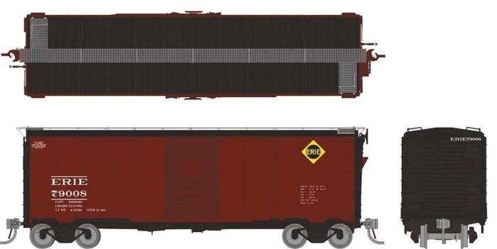 1937 AAR 40′ Boxcar w/Round Corner - Ready to Run -- Erie (Boxcar Red, black, yellow, white), HO, Rapido Trains Inc 181003A