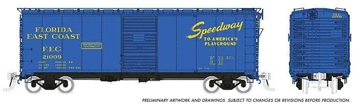 1937 AAR 40′ Boxcar w/Round Corner - Ready to Run -- Florida East Coast (blue, yellow Speedway Slogan), HO, Rapido Trains Inc 