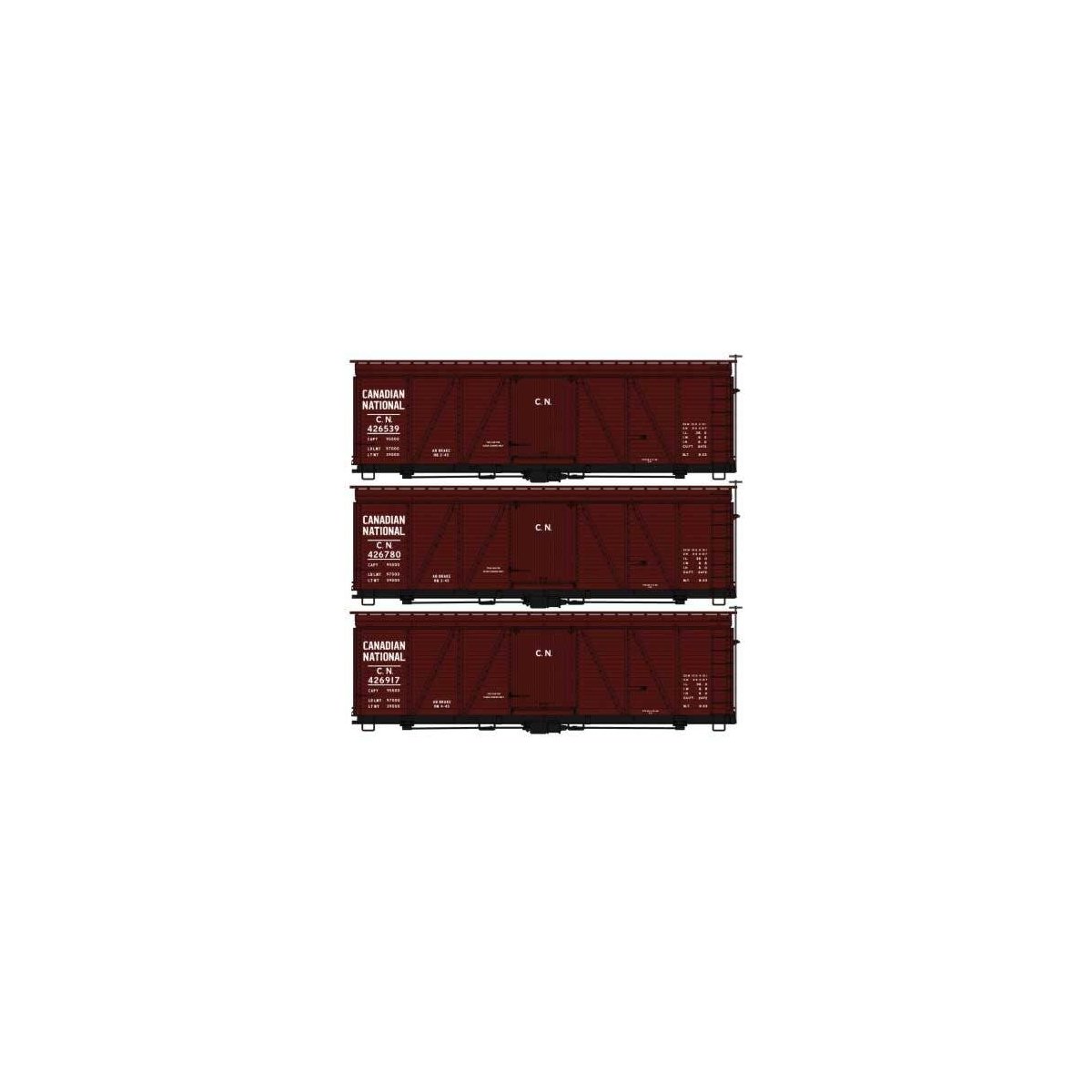 Fowler 36′ Wood Boxcar 3-Pack - Kit -- Canadian National 426539, 426780, 426917 (Boxcar Red), HO, Accurail Inc 8154