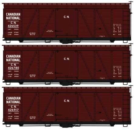 Fowler 36′ Wood Boxcar 3-Pack - Kit -- Canadian National 426539, 426780, 426917 (Boxcar Red), HO, Accurail Inc 8154