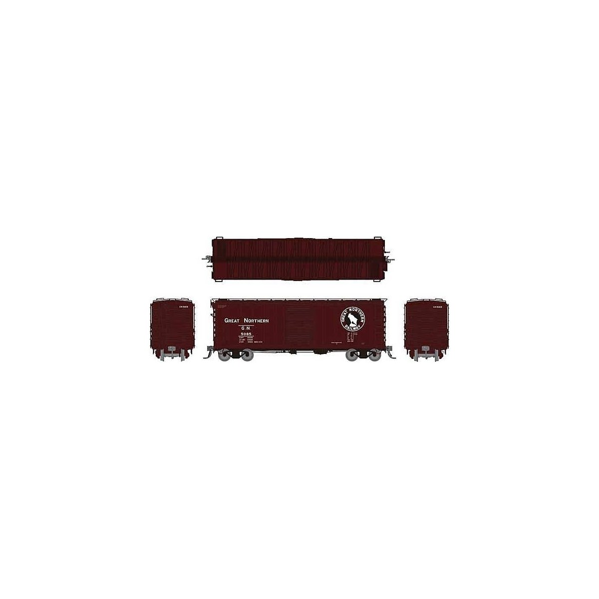 GN 40′ 12-Panel Boxcar w/Late Improved Dreadnaught Ends - Ready to Run -- Great Northern (Mineral Red, black, white), HO, Rapi