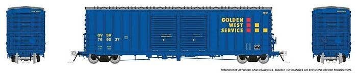 Pacific Car & Foundry B-70-69/71/75 Boxcar - Ready to Run -- Golden West Service GVSR 1 (blue, yellow, red), HO, Rapido Trains I