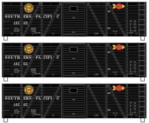 40′ 6-Panel Single-Sheathed Wood Boxcar w/Steel Doors & Ends 3-Pack - Kit -- Southern Pacific 14728, 14752, 14797 (black, yell