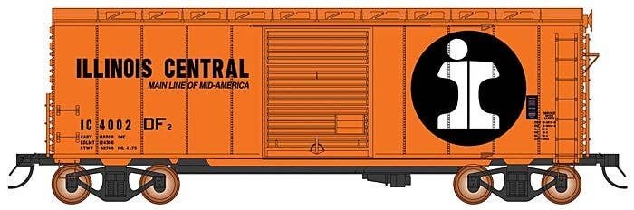 1937 AAR 10`6` Boxcar, 4-3-1 Improved Dreadnaught Ends, 6` Door - Ready to -- Illinois Central (orange, black, white, Large Logo