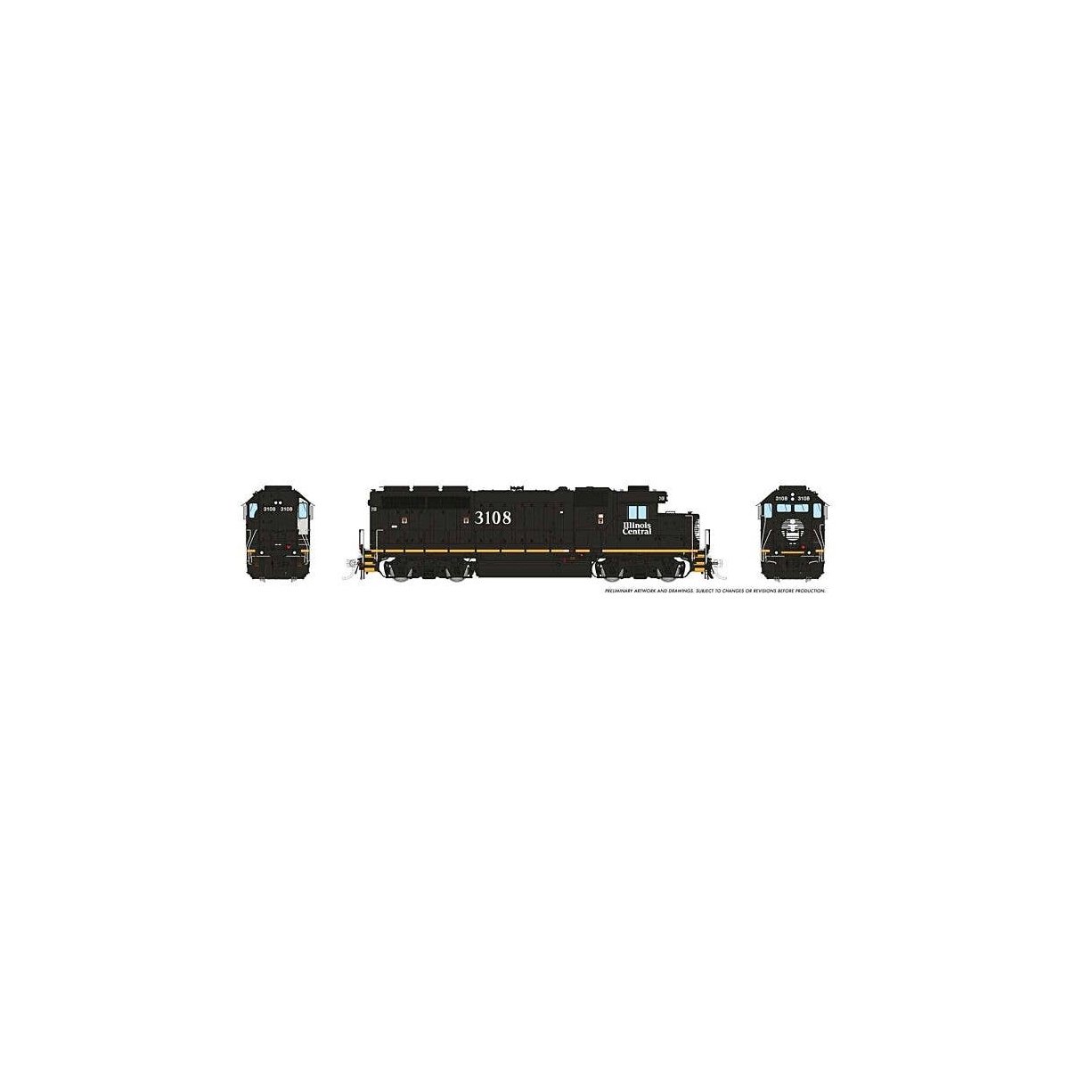 EMD GP40R - ESU LokSound and DCC -- Illinois Central 3108 (black, white, yellow frame stripe), HO, Rapido Trains Inc 40552