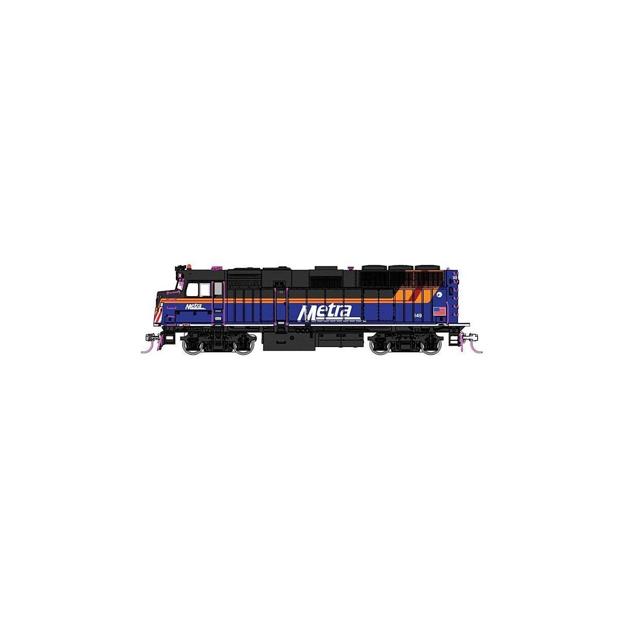 EMD F40PH Commuter Version - Standard DC -- Chicago Metra 149 (2024 Scheme, blue, black, orange, m, HO, Kato USA Inc 376575
