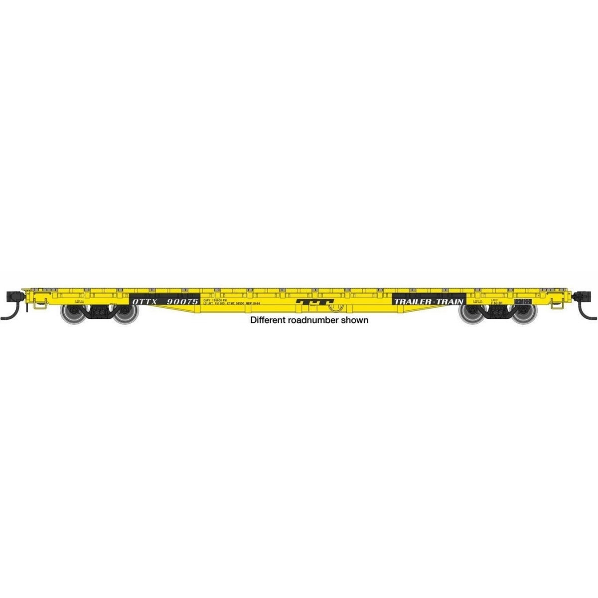 60′ Pullman-Standard Flatcar - Ready to Run -- Trailer-Train OTTX 90112 (Farm machinery yellow, black, white), HO, WalthersMai