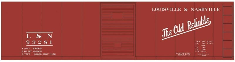Railroad Decal Set -- Louisville & Nashville 40′ Steel Boxcar (Boxcar Red Car, Old Reliable Slogan, HO, Tichy Train Group 1023
