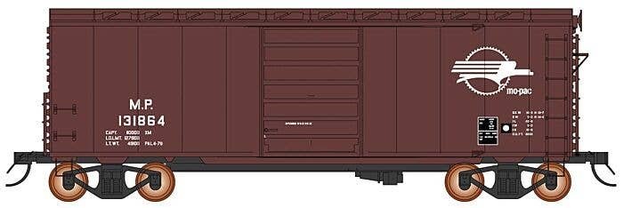 1938 AAR 10`6` Boxcar, 4-3-1 Improved Dreadnaught Ends - Ready to Run -- Missouri Pacific (Boxcar Red, white, Screaming Eagle Lo