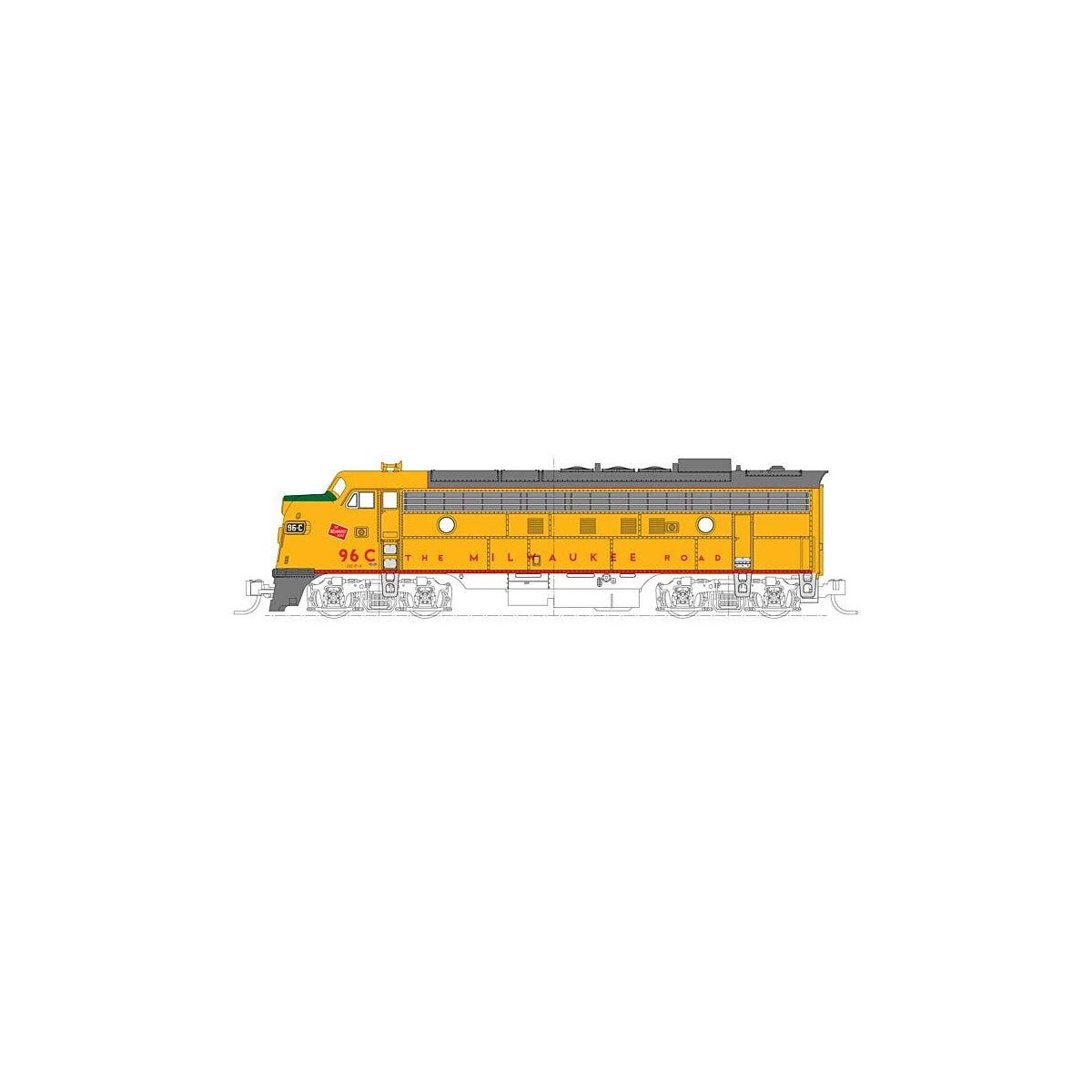 EMD FP7A - Standard DC -- Milwaukee Road 96C (Post-1955 Armour Yellow, gray, red), N, Kato USA Inc 1762303
