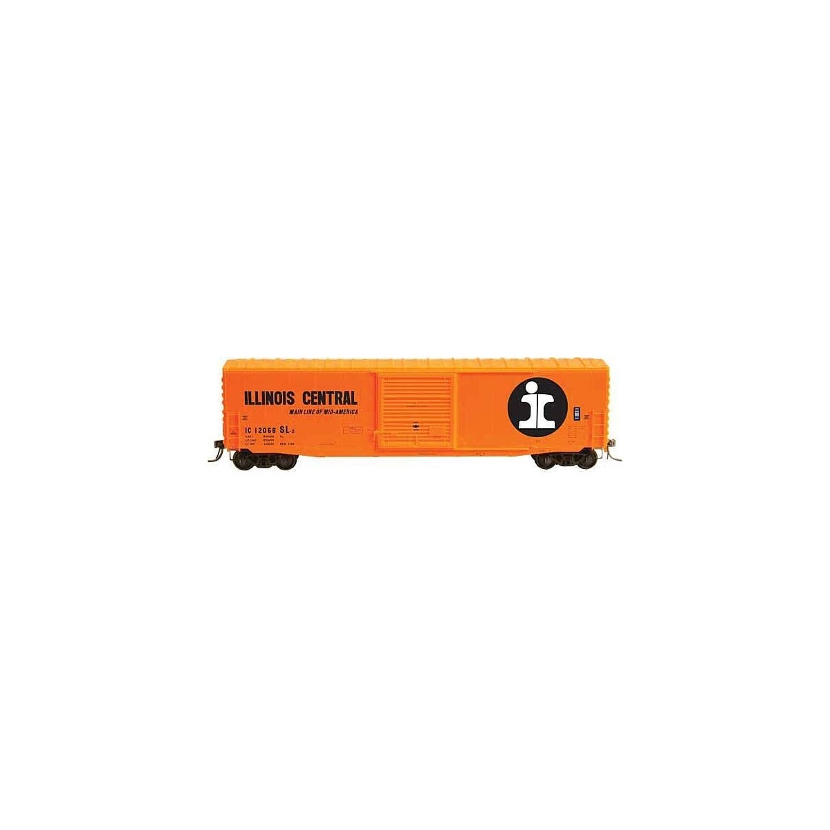 Pullman-Standard PS-1 50` Boxcar w/10` Door - Ready to Run -- Illinois Central 12068 (orange, black, white, Large I Rail Logo), 