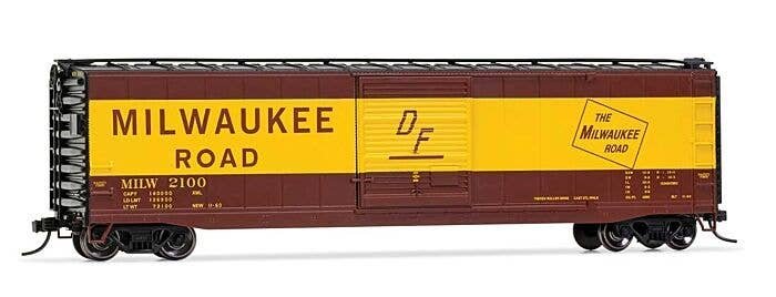 50′ Sliding-Door Boxcar with Roofwalk - Ready to Run -- Milwaukee Road 2118 (Boxcar Red, yellow, black Large Lettering), HO, R