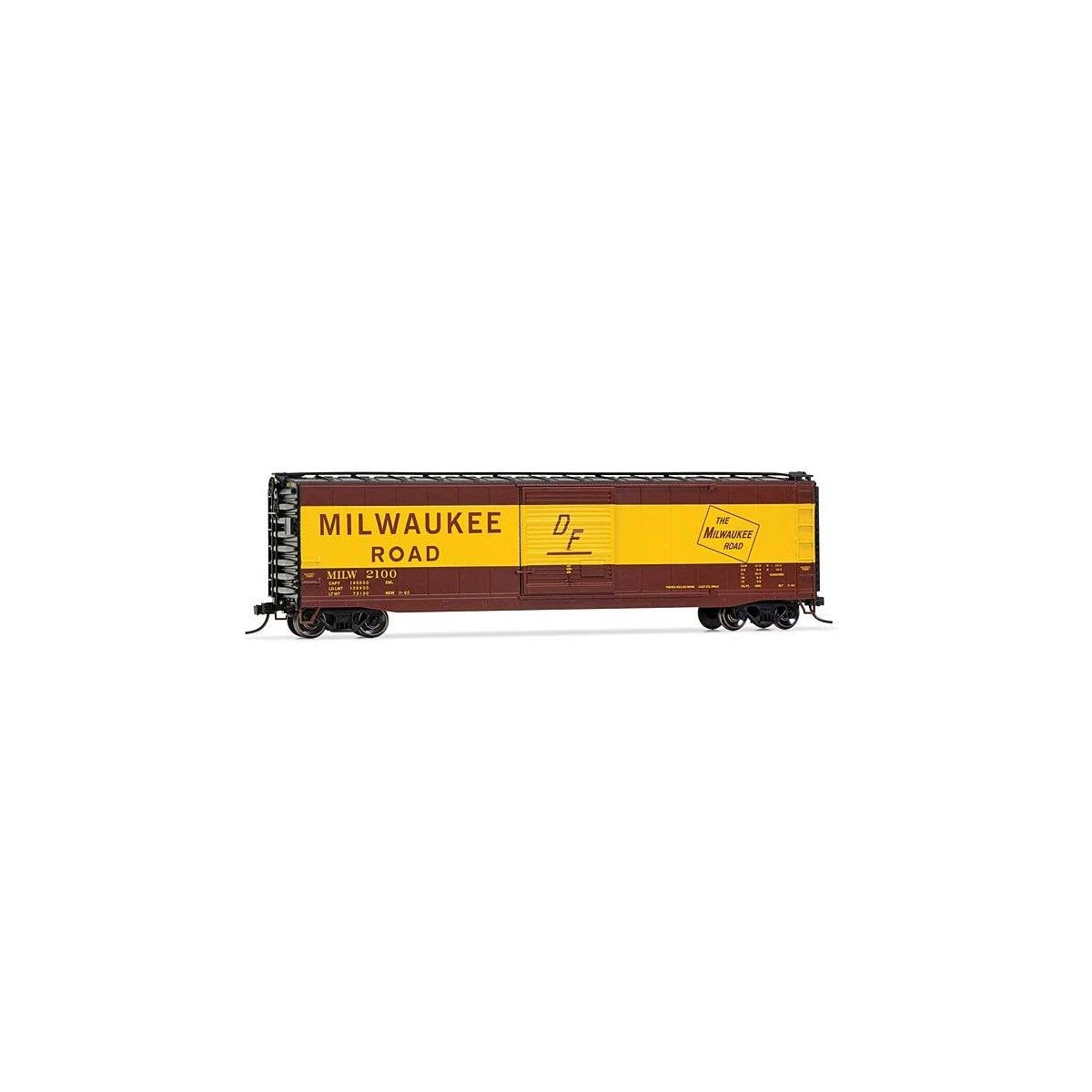 50′ Sliding-Door Boxcar with Roofwalk - Ready to Run -- Milwaukee Road 2149 (Boxcar Red, yellow, black Large Lettering), HO, R