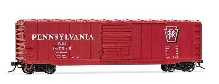 50′ Sliding-Door Boxcar No Roofwalk - Ready to Run -- Pennsylvania Railroad 607524 (Tuscan, Shadow Keystone Logo), HO, Rivaros