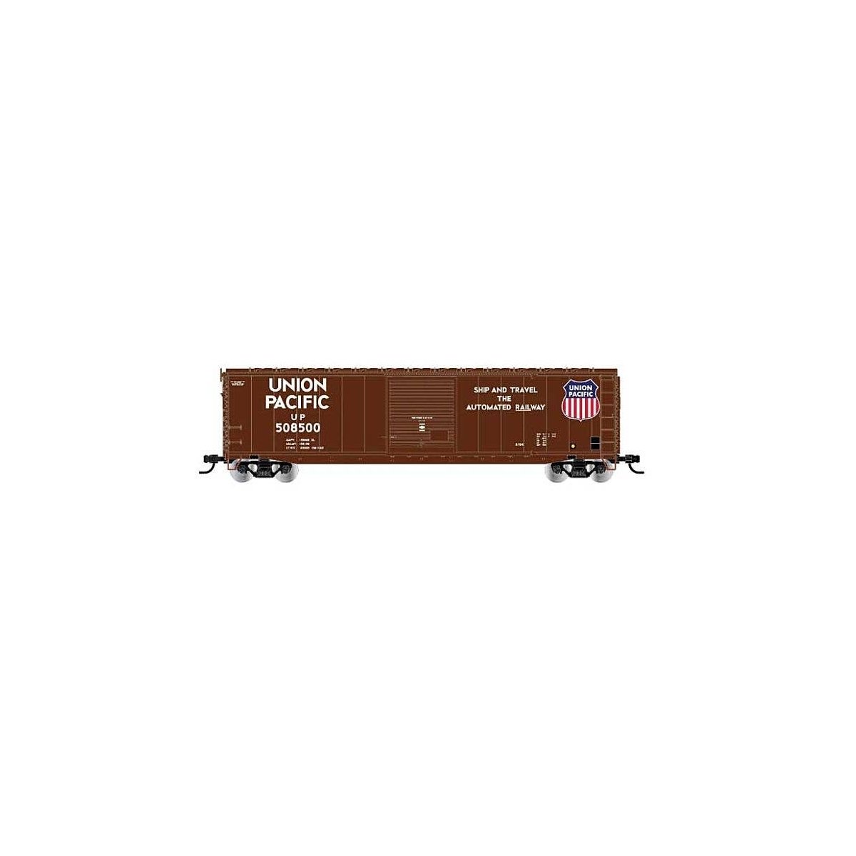 50′ Single-Door Boxcar No Roofwalk - Ready to Run -- Union Pacific 508500 (Boxcar Red Large Shield, Shop & Travel Slogan), HO,