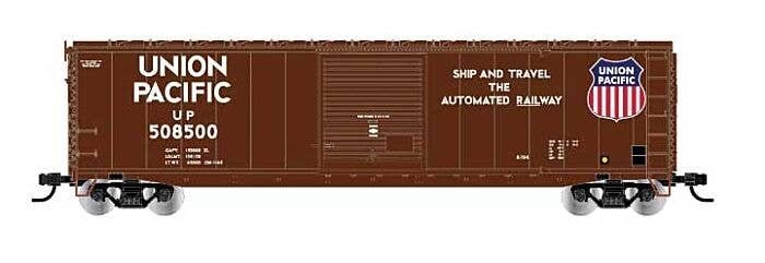 50′ Single-Door Boxcar No Roofwalk - Ready to Run -- Union Pacific 508500 (Boxcar Red Large Shield, Shop & Travel Slogan), HO,