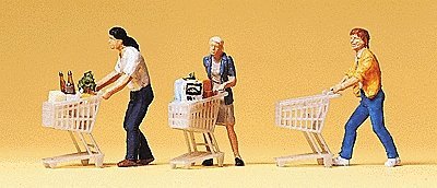 Pedestrians -- People w/Grocery Carts pkg(3) - 3 Carts, 3 Figures), HO, Preiser Kg 10488