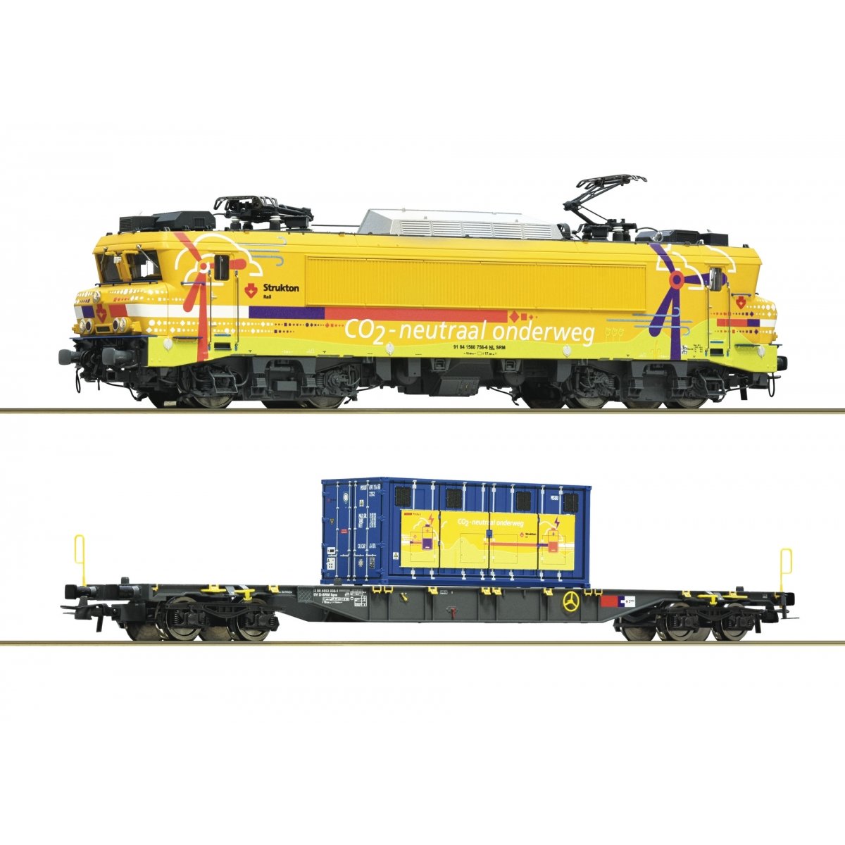 2 piece set: Electric locomotive 1756 with container carrier wagon, Strukton Rail, HO, Roco 7510117