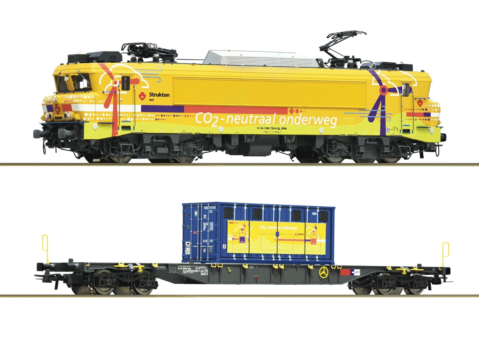 2 piece set: Electric locomotive 1756 with container carrier wagon, Strukton Rail, HO, Roco 7510117
