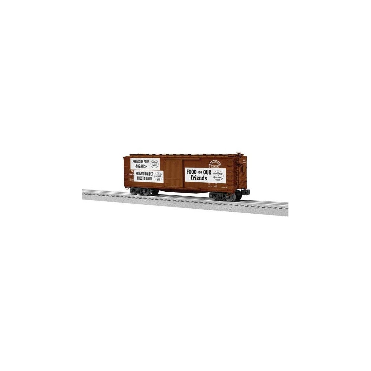 Double-Sheathed Wood Boxcar - 3-Rail - Ready to Run -- Southern Pacific 300 (Boxcar Red, white, Friendship Train Banners), O, Li