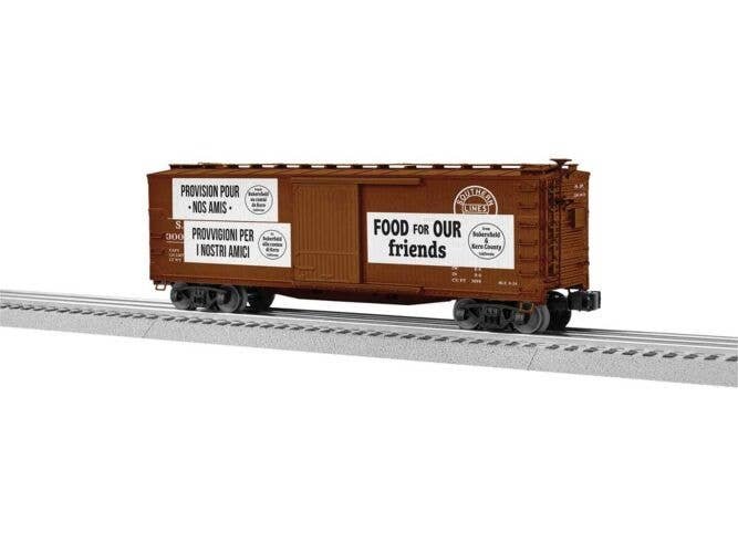 Double-Sheathed Wood Boxcar - 3-Rail - Ready to Run -- Southern Pacific 300 (Boxcar Red, white, Friendship Train Banners), O, Li