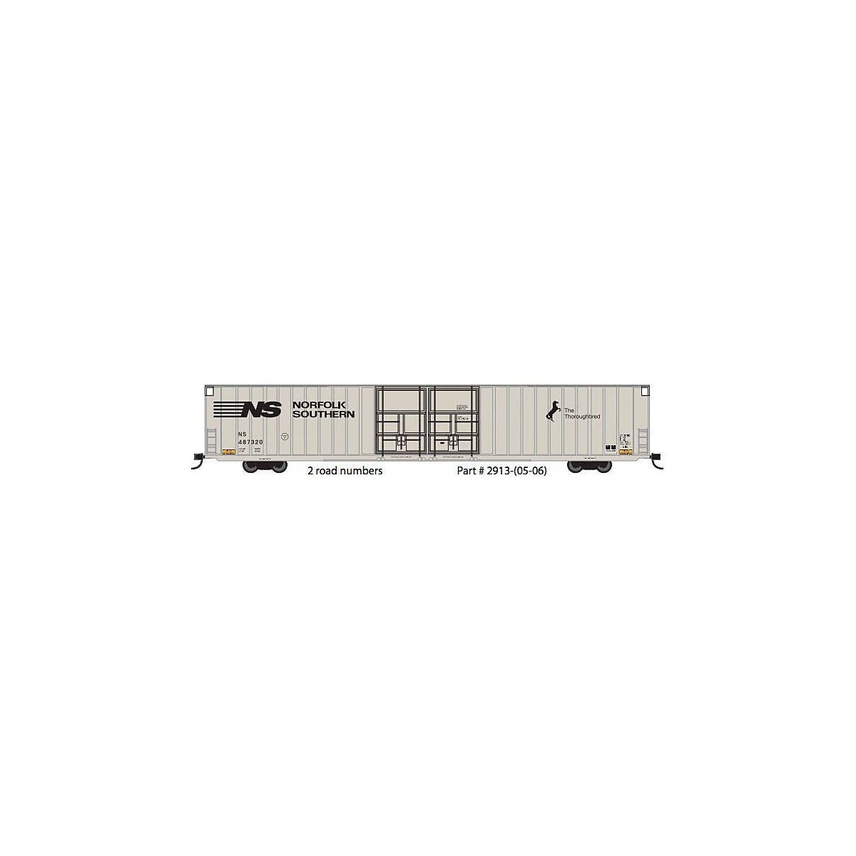 Thrall 86′ Hi-Cube Double-Door Auto Parts Boxcar - Ready to Run -- Norfolk Southern 487323 (gray, black Thoroughbred Logo), N,