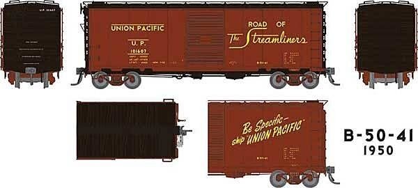 UP Class B-50-41 40′ Boxcar - Ready to Run -- Union Pacific 2 (1950 As-Delivered, Boxcar Red, black, Streamliners Slogan), HO,