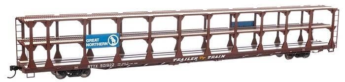 89′ Flatcar w/Tri-Level Open Auto Rack - Ready to Run -- Great Northern Rack Trailer-Train Flatc, HO, WalthersMainline 8212