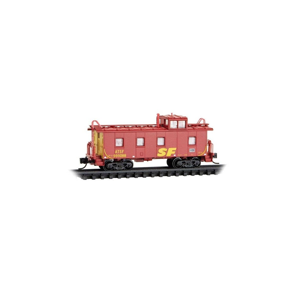 36′ Riveted-Steel Cupola Caboose - Ready to Run -- Santa Fe 999088 (SPSF Merger Scheme, red, yellow), N, Micro Trains Line 100