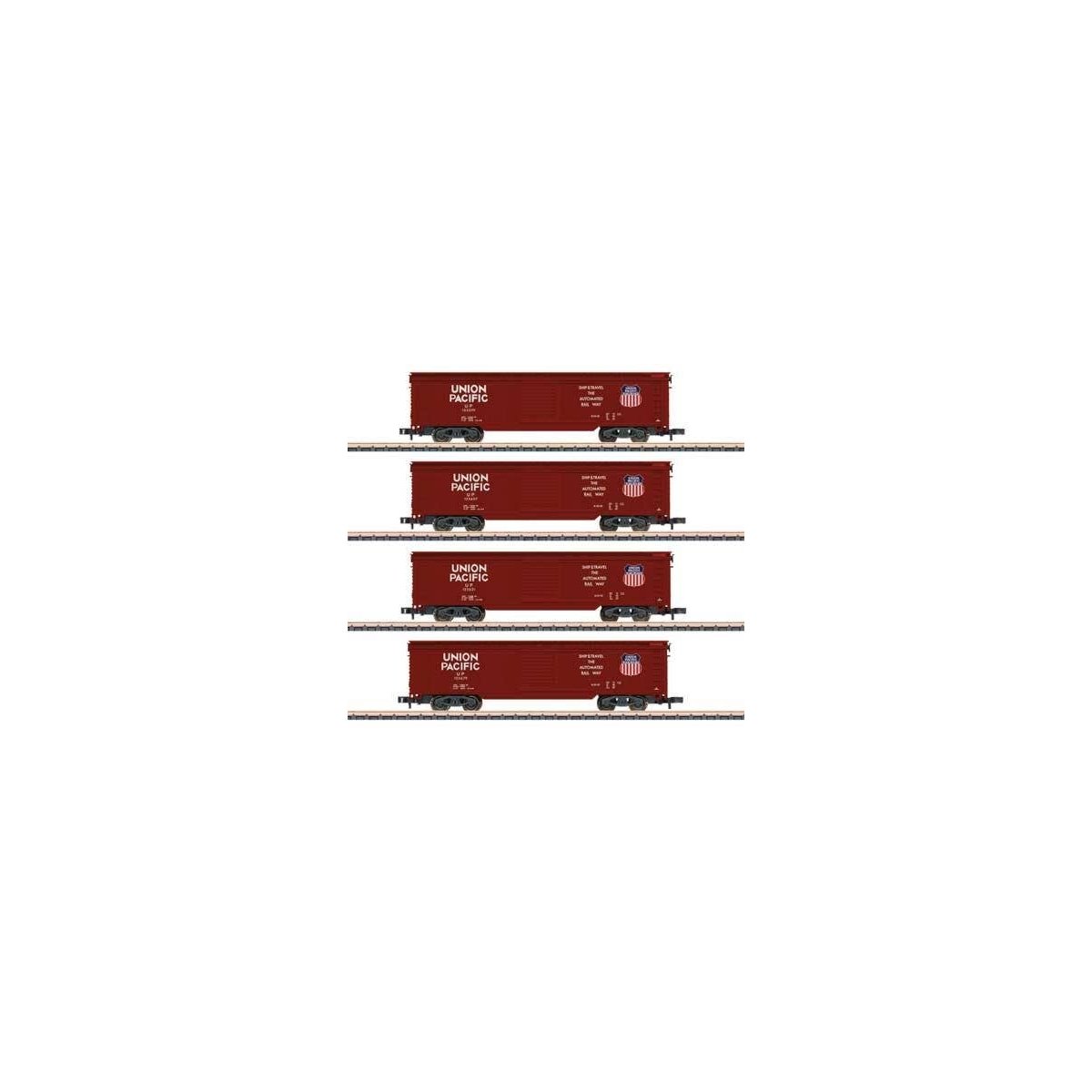 Boxcar 4-Pack - Ready to Run -- Union Pacific (1960s, Boxcar Red, Medium Shield, Ship & Travel Sloga, Z, Marklin, Inc 82497