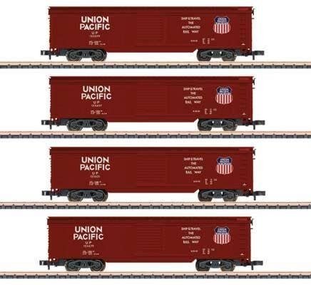 Boxcar 4-Pack - Ready to Run -- Union Pacific (1960s, Boxcar Red, Medium Shield, Ship & Travel Sloga, Z, Marklin, Inc 82497