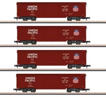 Boxcar 4-Pack - Ready to Run -- Union Pacific (1960s, Boxcar Red, Medium Shield, Ship & Travel Sloga, Z, Marklin, Inc 82497