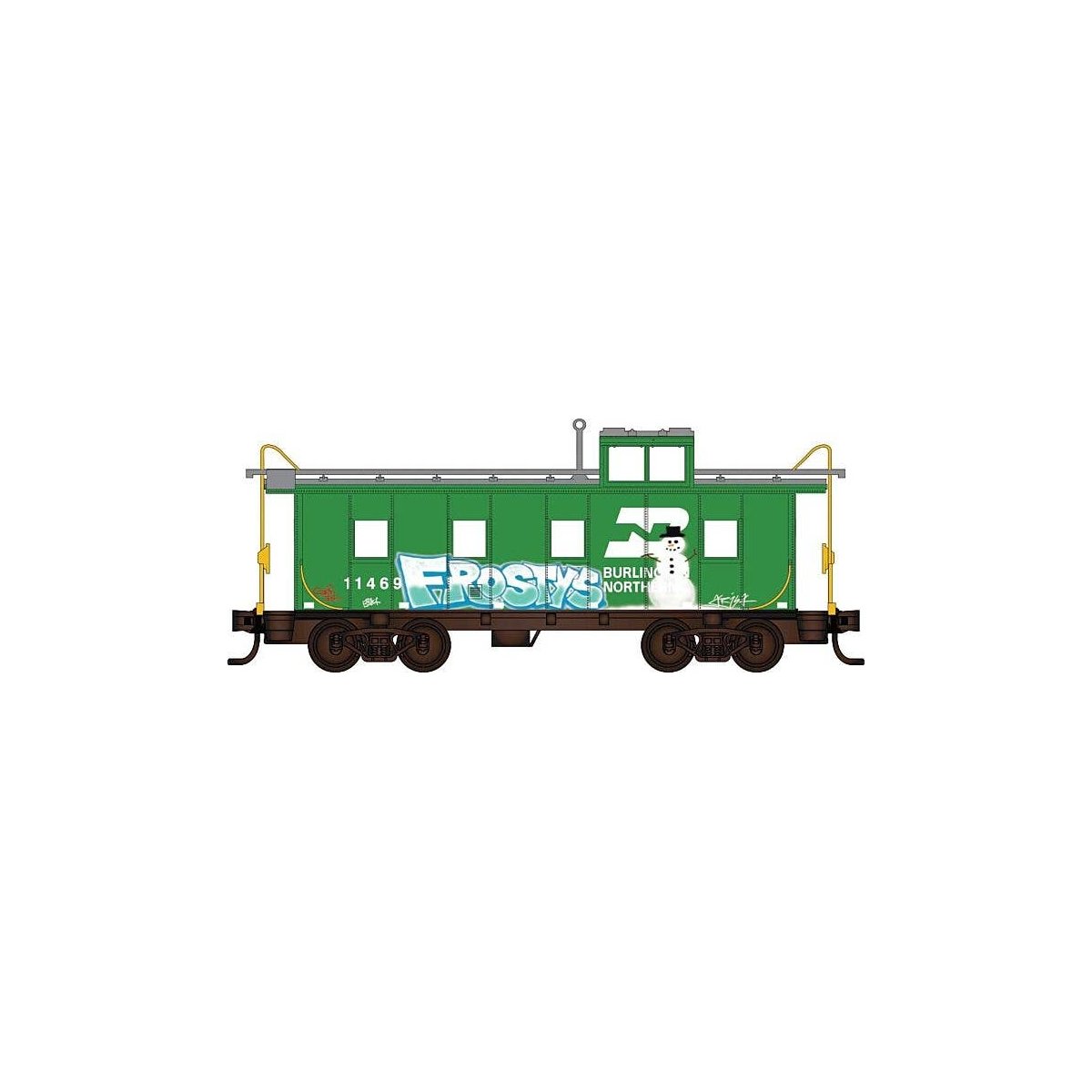 36′ Riveted-Steel Cupola Caboose - Ready to Run -- Burlington Northern 11469 (Weathered, Cascade Green, white, Christmas Graff