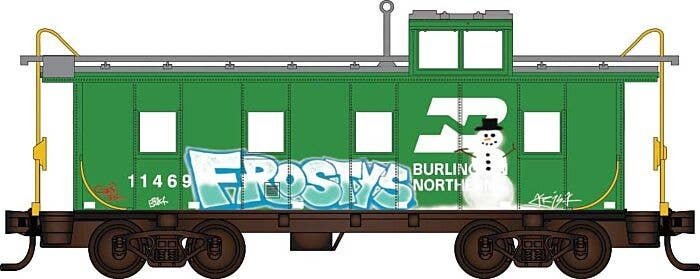 36′ Riveted-Steel Cupola Caboose - Ready to Run -- Burlington Northern 11469 (Weathered, Cascade Green, white, Christmas Graff