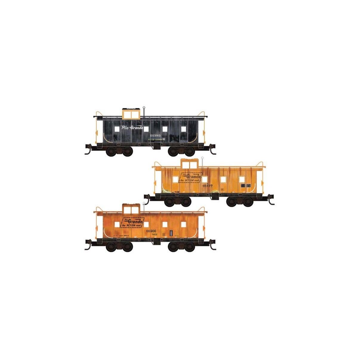 36′ Riveted-Steel Cupola Caboose 3-Pack - Ready to Run -- Denver & Rio Grande Western 01393 (black), 01466, 01417 (Aspen Gold)