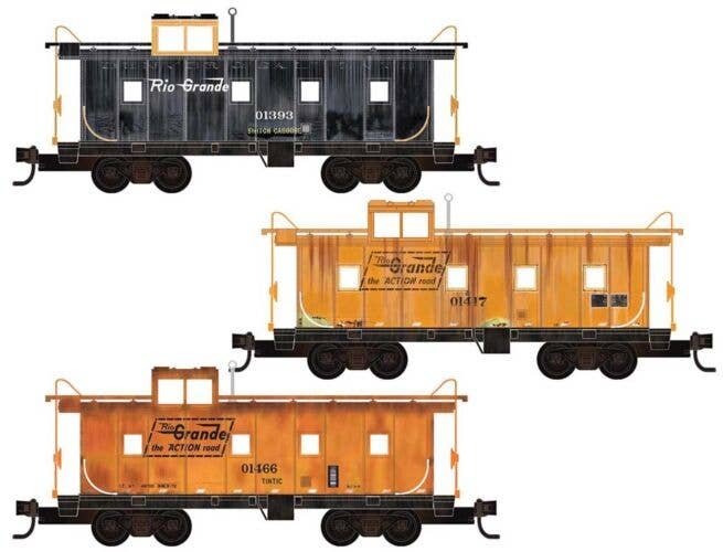 36′ Riveted-Steel Cupola Caboose 3-Pack - Ready to Run -- Denver & Rio Grande Western 01393 (black), 01466, 01417 (Aspen Gold)