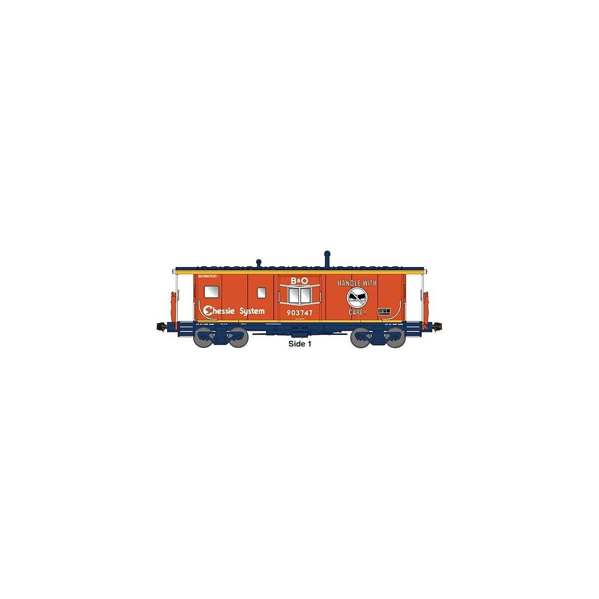 International Car Bay Window Caboose Phase 4 - Ready to Run -- Chessie B&O 903758 (orange, black, yellow, Handle With Care Sloga